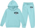 Boys Girls 2 Piece Outfits USA American Flag Graphic Sweatsuit Teens Kids Hoodie Sweatshirts and Jogger Sweatpants Sweat Set
