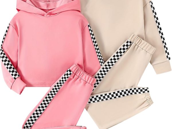 4 Pieces Girls Active Hoodies Long Sleeve Crop Hooded Top and Jogging Sweat Pants Set 4-12Y