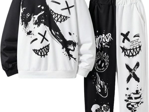 Boy's Sweatsuit 2 Piece Outfit Color Block Cartoon Graphic Hoodie Jogger Pants Set Tracksuit