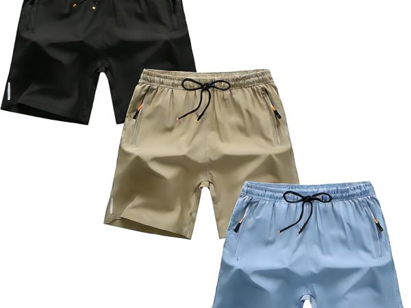 3-Pack Big Boys Quick Dry Athletic Shorts with Zipper Pockets, Lightweight Activewear Sets for Teens Age 8-14 Years