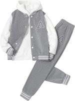 Boy's 2 Piece Outfits Letter Printed Colorblock Bomber Jackets and Pants Set
