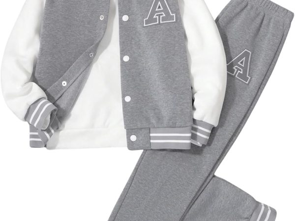 Boy's 2 Piece Outfits Letter Printed Colorblock Bomber Jackets and Pants Set