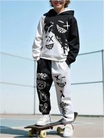 Boy's Sweatsuit 2 Piece Outfit Color Block Cartoon Graphic Hoodie Jogger Pants Set Tracksuit - Image 2