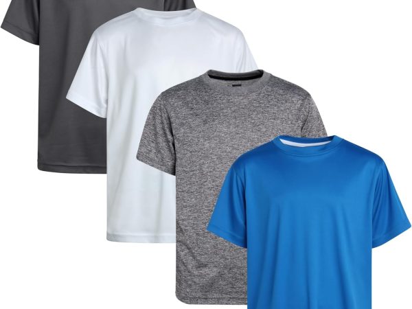 Boys Athletic Shirts - 4 Pack Lightweight Short Sleeve Performance Shirts for Boys, Plain Activewear T Shirts