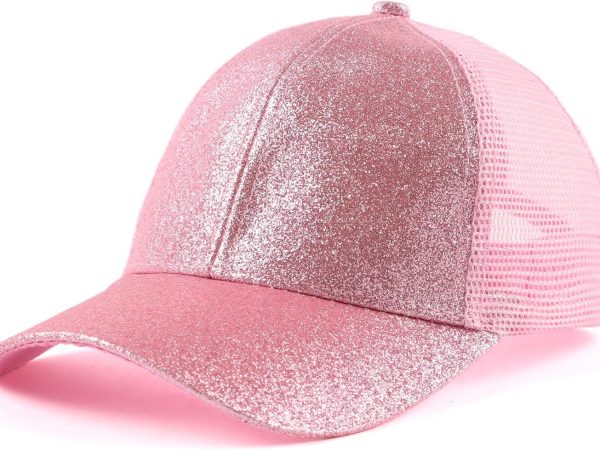 Girls Glitter Baseball Cap Kids Adjustable Ponytail Hat Toddler Summer Mesh Trucker Hats