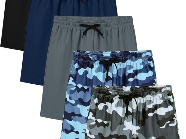 5 Pack Boys Shorts Boys Quick Dry Athletic Pull-On Shorts with Elastic Waist for Summer Playwear